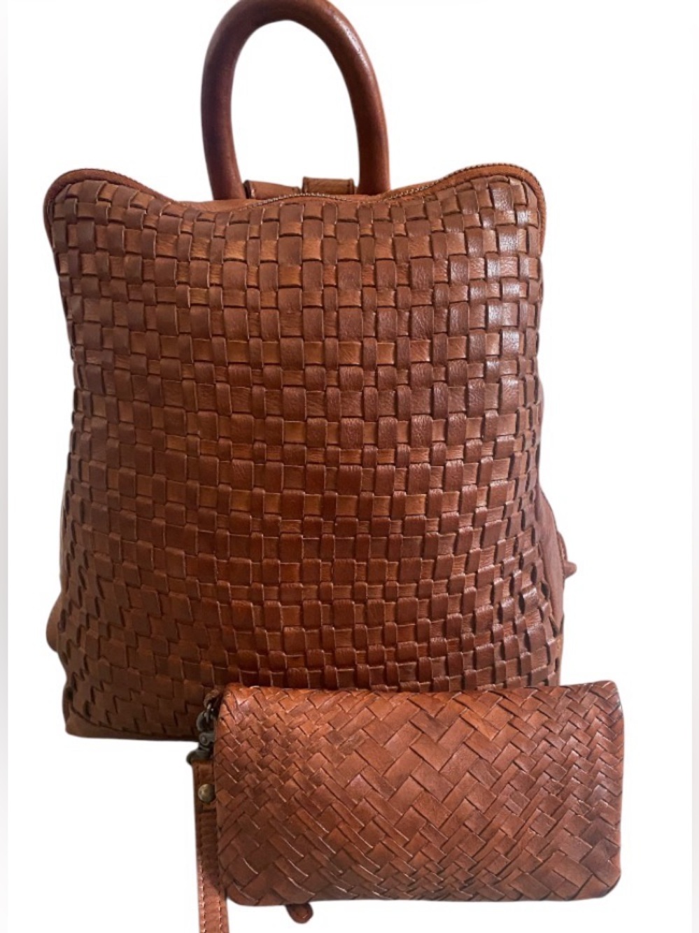 Vilenca Holland  Genuine Woven Leather Backpack & Wallet Set - Brown(AS IS)